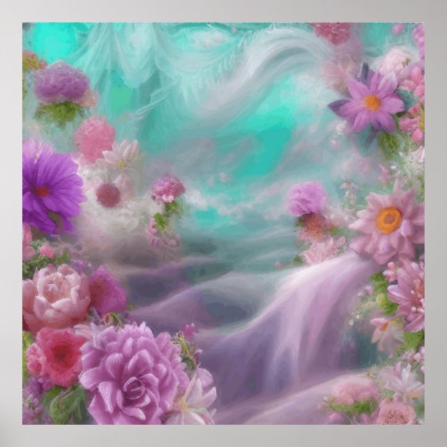 Fantasy Garden mit Blume und rosa Wasserfall Poster (Vorne)