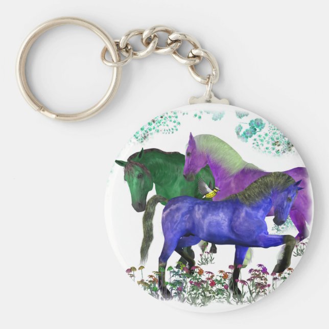 Fantasy gefärbte Pferde in Blume Grafikdesign Schlüsselanhänger (Vorne)