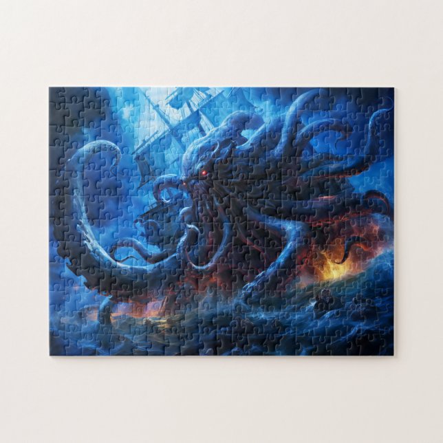 Fantasy-Gemälde: Kraken greift Schiff auf See an Puzzle (Horizontal)