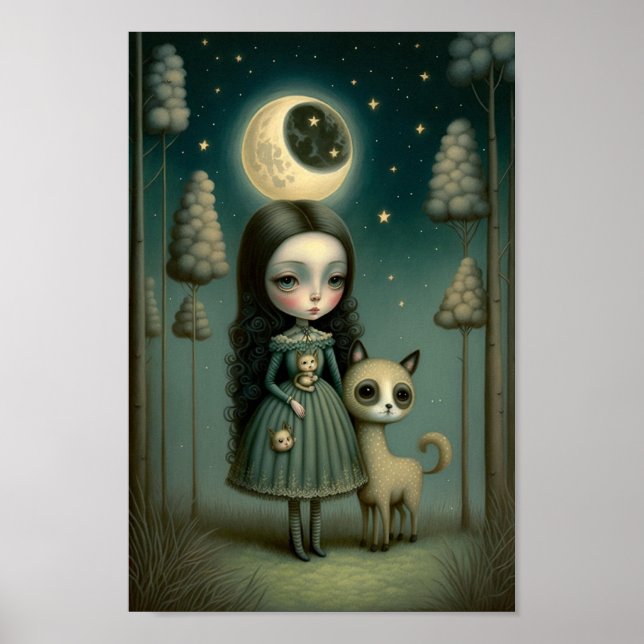 Fantasy Girl im Wald mit dem Mond Poster (Vorne)