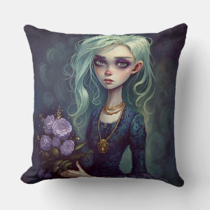 Fantasy Girl in Green, Creepy Niedlich Goth Kissen