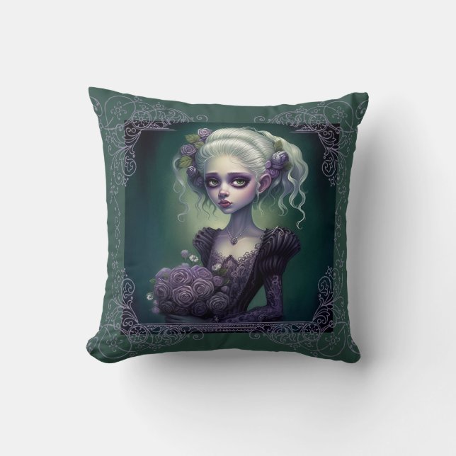 Fantasy Girl Niedlich in Green Goth Kissen (Vorderseite)