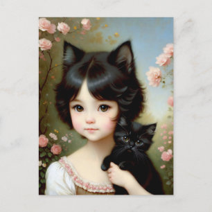 Fantasy Girl with Black Kitten - Vintage Malerei Postkarte