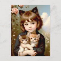 Fantasy Girl with Kittens - Vintage Malerei