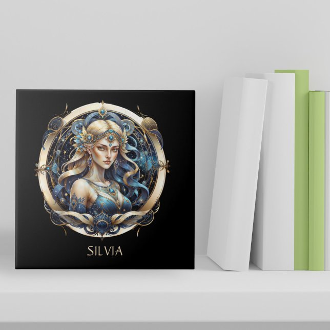 Fantasy Gold Blue Celestial Zodiac Sun Sign Virgo Fliese (Von Creator hochgeladen)