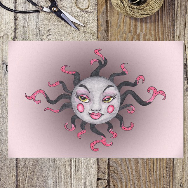 Fantasy Gothic Black Pink Sun Goddess Face Seidenpapier (Grey fantasy sun with pretty face black pink Gothic rays on pink wrapping tissue paper.)