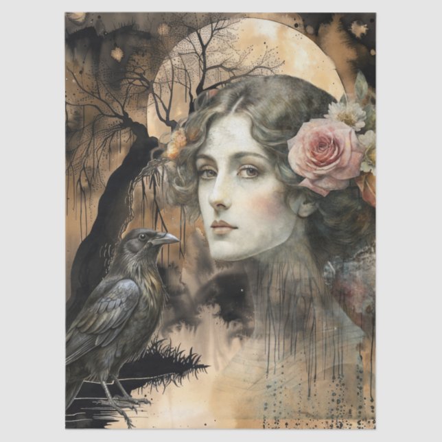 Fantasy Gothic Raven & Girl Kunst-Collage Seidenpapier (Vorderseite)