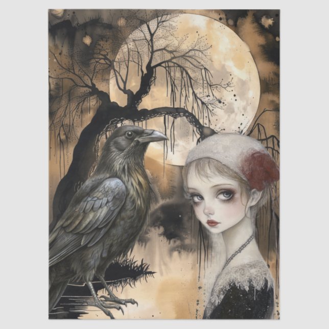 Fantasy Gothic Raven & Girl Seidenpapier (Vorderseite)