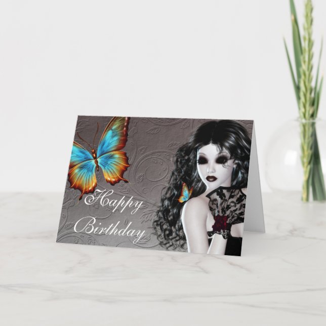 Fantasy Gothic Woman with Butterfly Birthday Card Karte (Vorderseite)