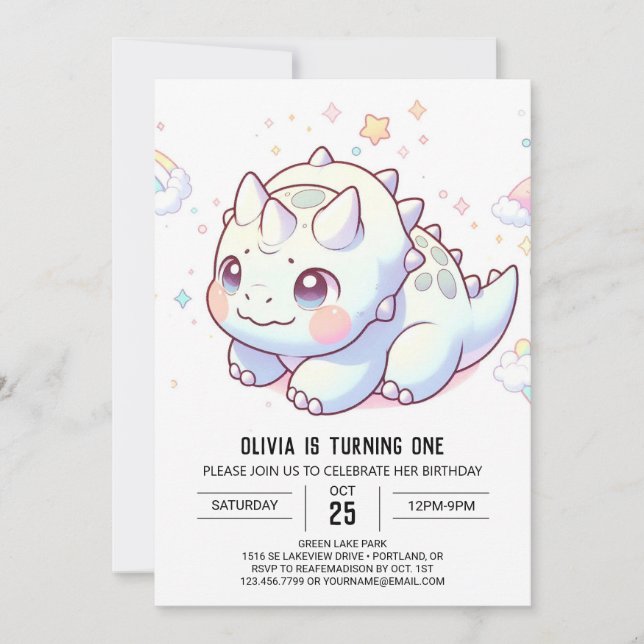Fantasy Happy Dinosaur 1. Geburtstag Einladung (Vorderseite)
