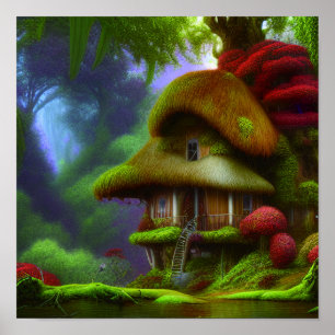 Fantasy-Haus in einer grünen Szene, Fantasy-Cottag Poster