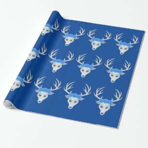 Fantasy Head of White Deer Blue Rose Antlers Geschenkpapier