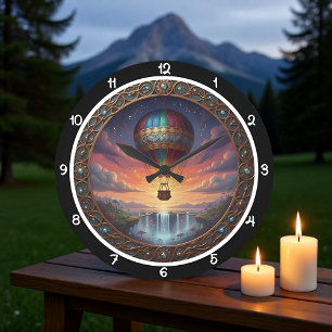 Fantasy-Heißluftballon-Wasserfall Große Wanduhr
