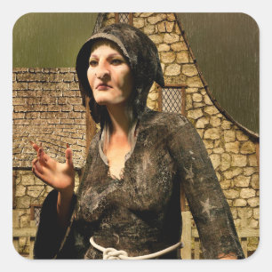 Fantasy-Hexe mittelalterliches Dorf Halloween Quadratischer Aufkleber