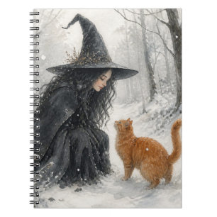 Fantasy-Hexe und rote Katze im Winterwald Notizblock