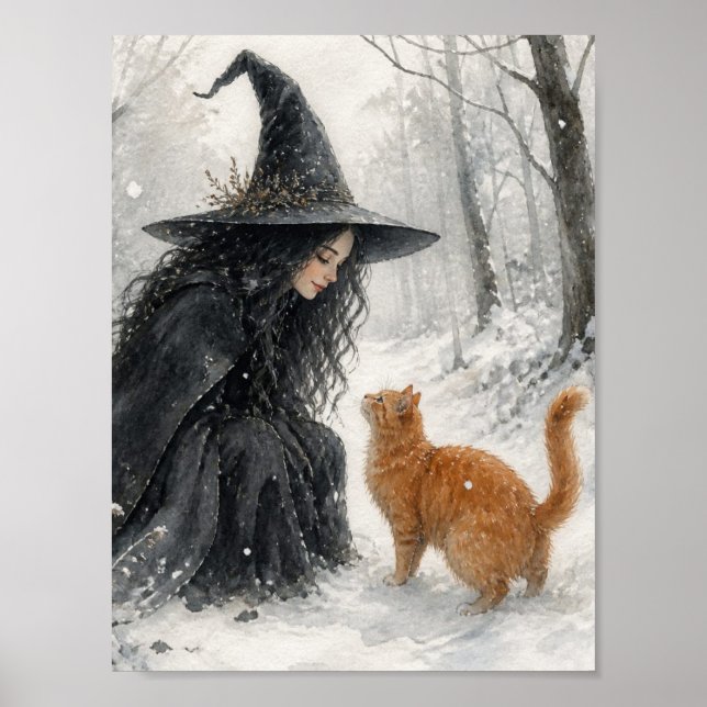 Fantasy-Hexe und rote Katze im Winterwald Poster (Vorne)