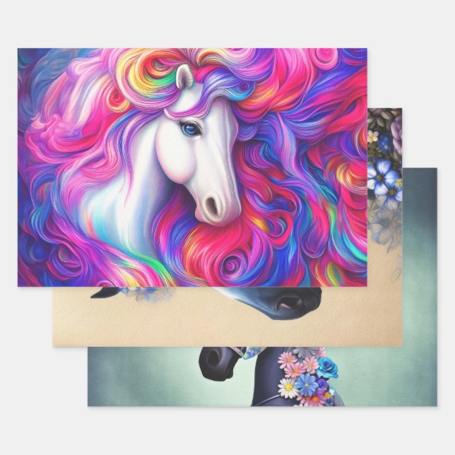 Fantasy Horses Decoupage Collage Wrapping Paper Geschenkpapier Set (Set)