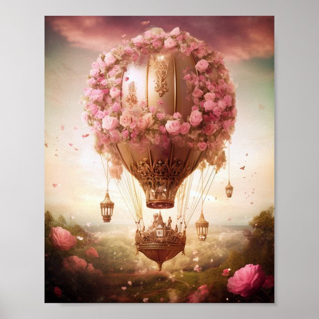 Fantasy Hot Air Ballon Pink Gold Poster (Vorne)