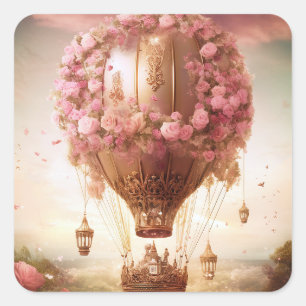 Fantasy Hot Air Ballon Pink Gold Quadratischer Aufkleber