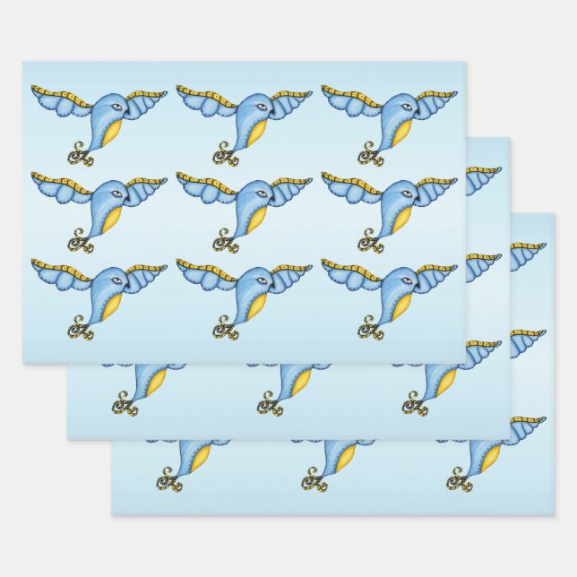 Fantasy Hübsch Flying Bluebird Yellow Scroll Schwa Geschenkpapier Set (Set)