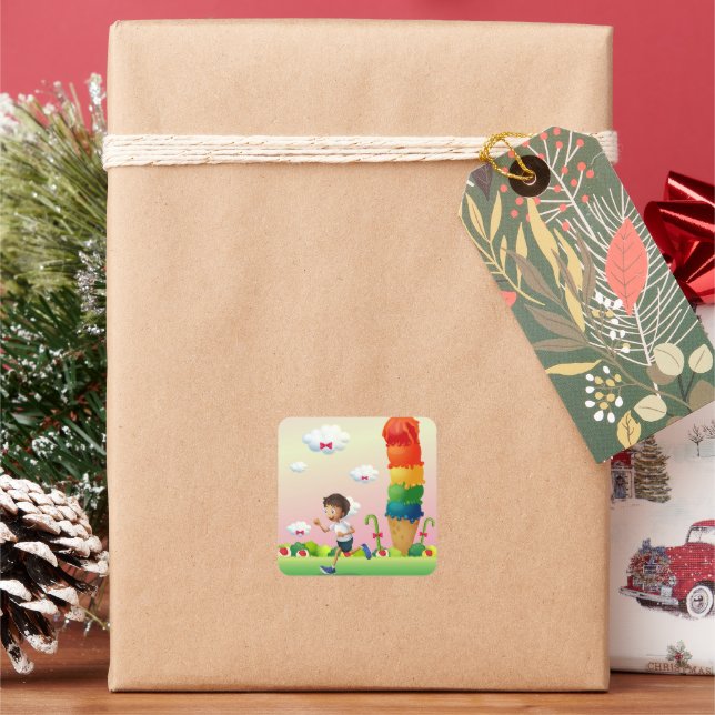 Fantasy Ice Cream Cone mit Happy Running Boy Quadratischer Aufkleber (Feiertag)