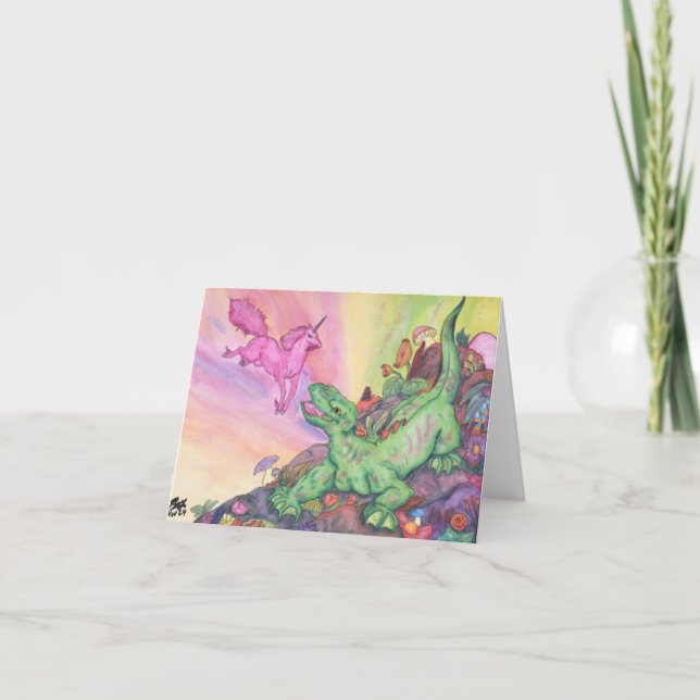 Fantasy Illustration Lizard Pink Flying Unicorn Dankeskarte (Vorderseite)