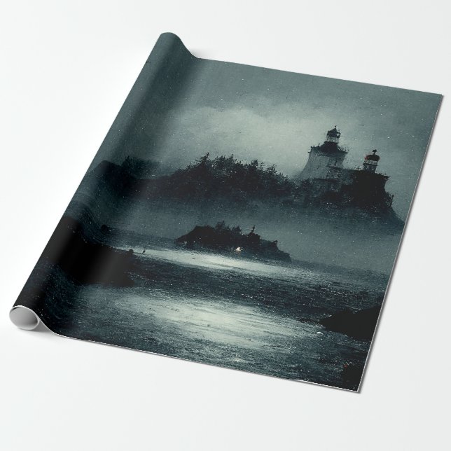 Fantasy Island Lighthouse Misty Foggy Dark Night Geschenkpapier (Ungerollt)