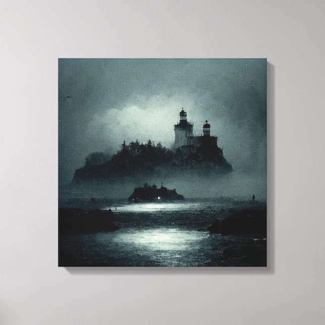 Fantasy Island Lighthouse Misty Foggy Dark Night Leinwanddruck (Vorderseite)