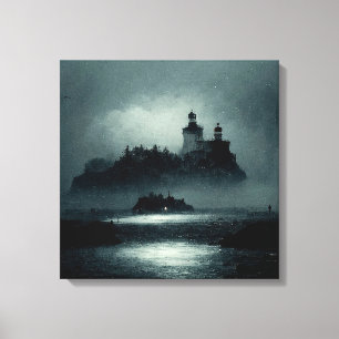 Fantasy Island Lighthouse Misty Foggy Dark Night Leinwanddruck