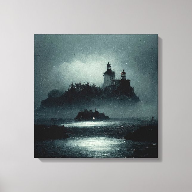 Fantasy Island Lighthouse Misty Foggy Dark Night Leinwanddruck (Vorderseite)