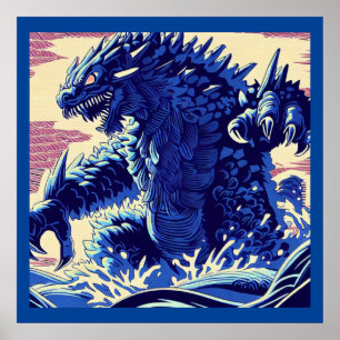 Fantasy Kaiju Anime - Holzschnitt 2 Poster