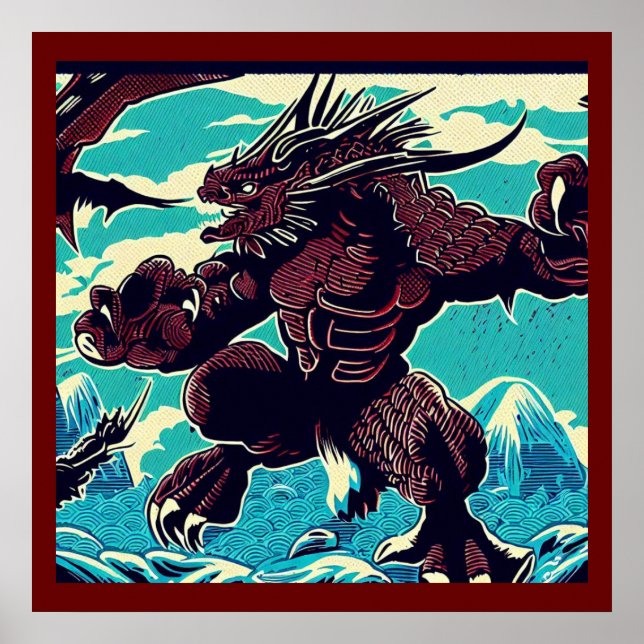 Fantasy Kaiju Anime - Holzschnitt 3 Poster (Vorne)