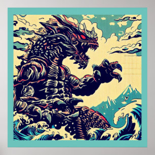 Fantasy Kaiju Anime - Holzschnitt 4 Poster