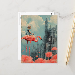 Fantasy-Kind reitet auf einem rosa Flamingo Postkarte