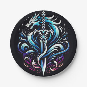 Fantasy Krieger Mystischer Drache Schwert Flamme Pappteller