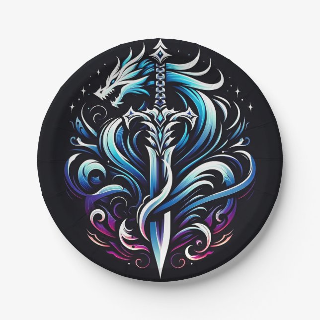 Fantasy Krieger Mystischer Drache Schwert Flamme Pappteller (Vorderseite)