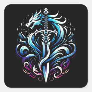Fantasy-Krieger Mystischer Drache Schwert Flamme Quadratischer Aufkleber