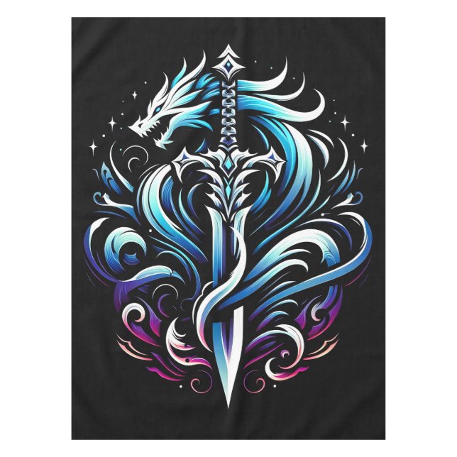 Fantasy-Krieger Mystischer Drache Schwert Flamme Tischdecke (Vorderseite)