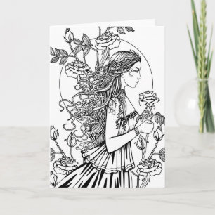 Fantasy-Kunst Frau in Rosen - Selbst kolorieren Karte