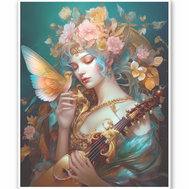 Fantasy Lady mit Lute & Butterfly Bird Aufkleber (Vorderseite)