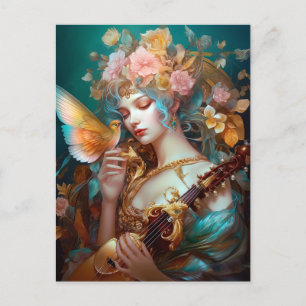 Fantasy Lady mit Lute & Butterfly Bird Postkarte