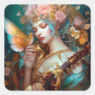 Fantasy Lady mit Lute & Butterfly Bird Quadratischer Aufkleber
