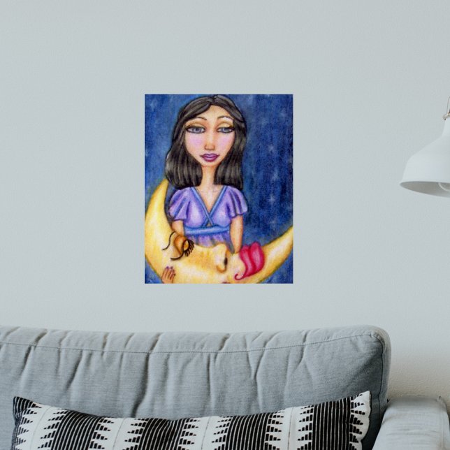 Fantasy-Lady mit schlafendem Halbmond Poster (Fantasy woman purple dress yellow sleeping crescent moon on dark night blue art wall poster.)
