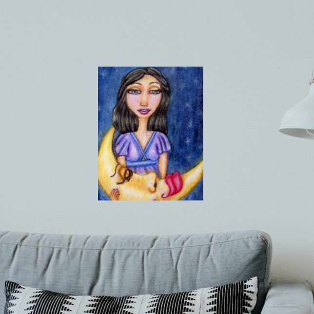 Fantasy-Lady mit schlafendem Halbmond Poster (Fantasy woman purple dress yellow sleeping crescent moon on dark night blue art wall poster.)