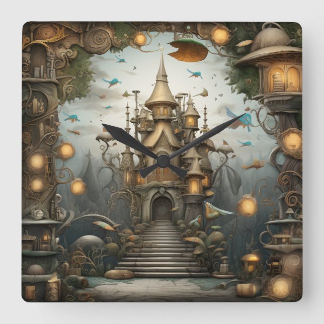 Fantasy Land Wall Clock Quadratische Wanduhr (Vorderseite)