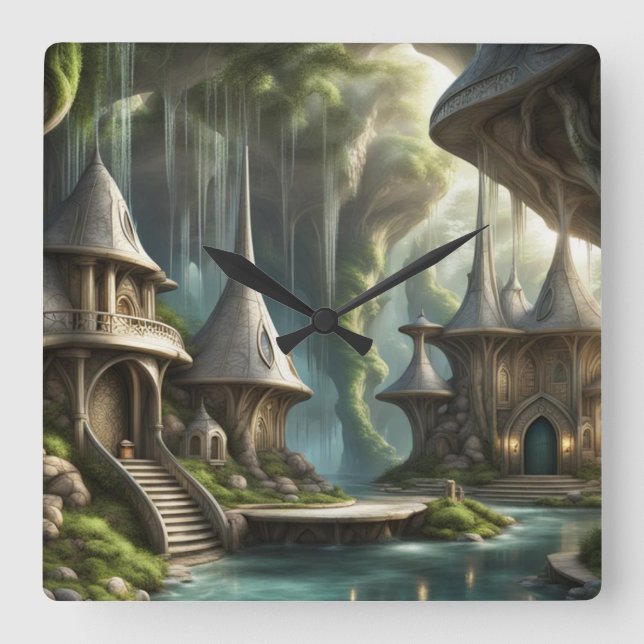 Fantasy Lands Quadratische Wanduhr (Vorderseite)