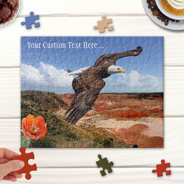 Fantasy Landscape mit Bald Eagle Puzzle (Puzzle featuring a fantasy landscape with bald eagle and blossoming cactus)