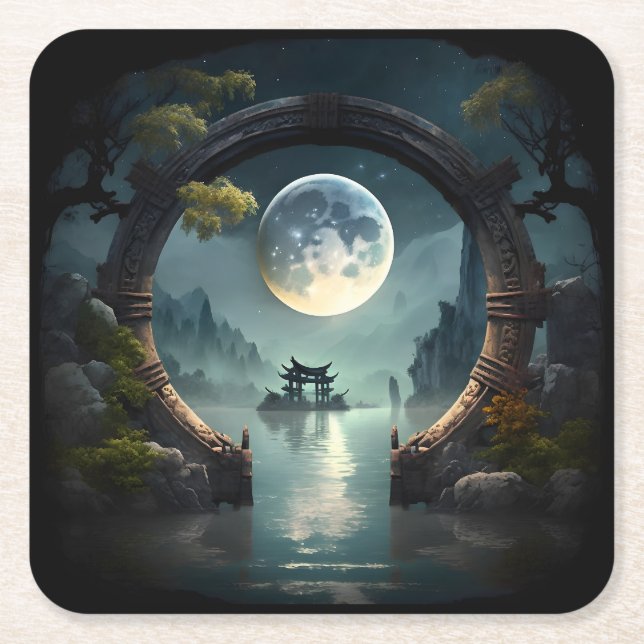 Fantasy Landscape Moon, Round Arch Square Unterset Rechteckiger Pappuntersetzer (Vorderseite)