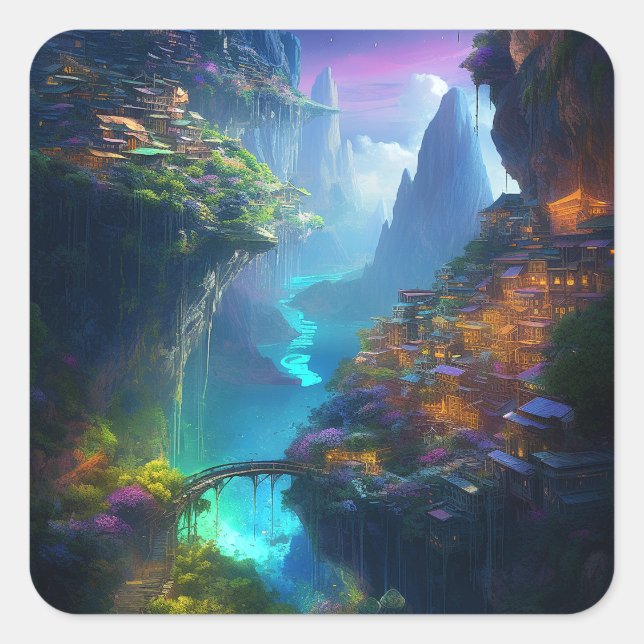 Fantasy Landschaft farbenfroh surreal Quadratischer Aufkleber (Vorderseite)