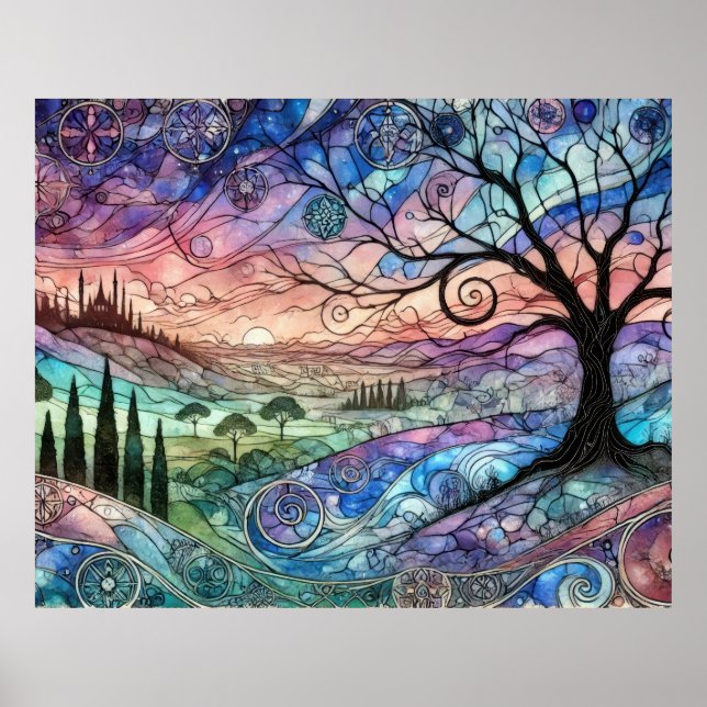 Fantasy Landschaft mit Bäumen und farbenfroher Son Poster (Vorne)